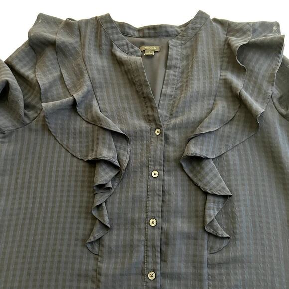 Ann Taylor Navy Blue Jacquard V-Neck Ruffle Button Down Popover Blouse Size M - Picture 7 of 7